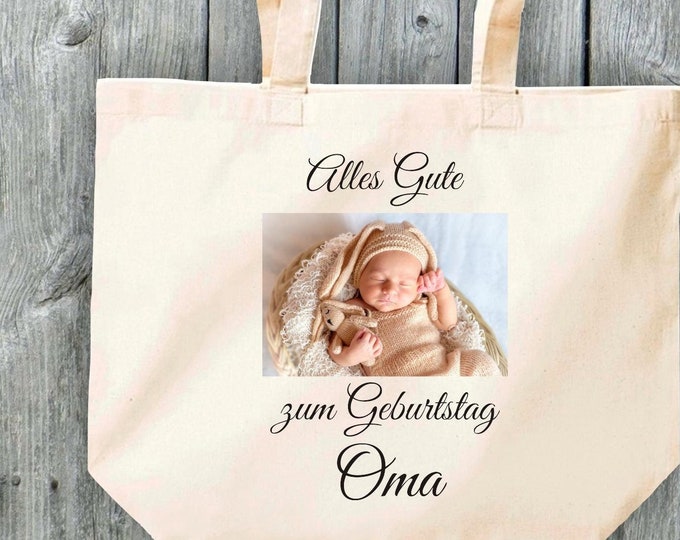 Stoffbeutel Einkaufstasche "Alles Gute zum Geburtstag Oma" mit Deinem Foto Shopper Jute Tote Tasche Familie Verwandschaft Heimat Liebe