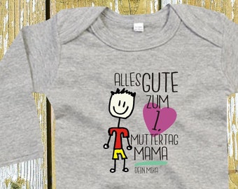 Langarm Body mit Name "Alles Gute zum 1. Muttertag Mama" Wunschtext Babybody  Baby Longsleeve Geschenk Geburt