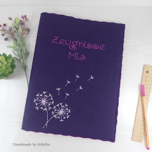 lila farbene Zeugnismappe/Sammelmappe A4 aus Filz mit Pusteblume bestickt, Geschenk Schulanfang