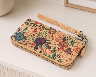 Beautiful large cork wallet for women with a floral pattern, gifts for women, gift for mom, gift idea for girlfriend