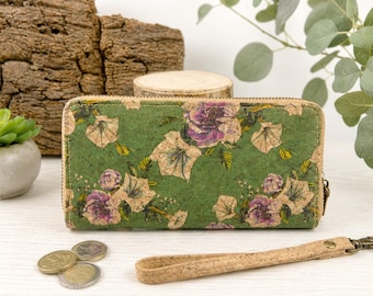 Beautiful large cork wallet for women with a floral pattern, gifts for women, gifts for mom, birthday gifts