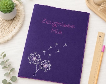 purple colored certificate folder/collection folder A4 made of felt embroidered with dandelion, gift for the start of school