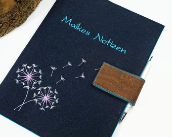 Notebook A5, notepad A5, felt embroidered, dandelion, gifts for women, birthday gift, personalized gifts