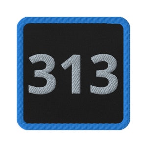 May include: A blue and black square patch with the number 313 embroidered in white.