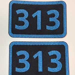 May include: Two black rectangular patches with a blue border and the number 313 embroidered in blue.