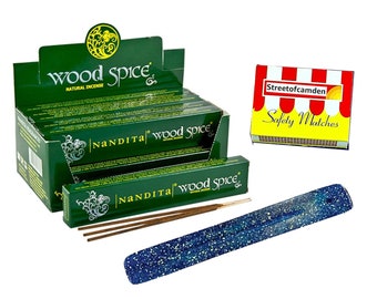 Varillas de incienso de especias de madera Nandita Agarbatti natural 15g x 12 paquetes CAJA COMPLETA + Soporte de incienso de madera Vegano Ecológico Hecho a mano