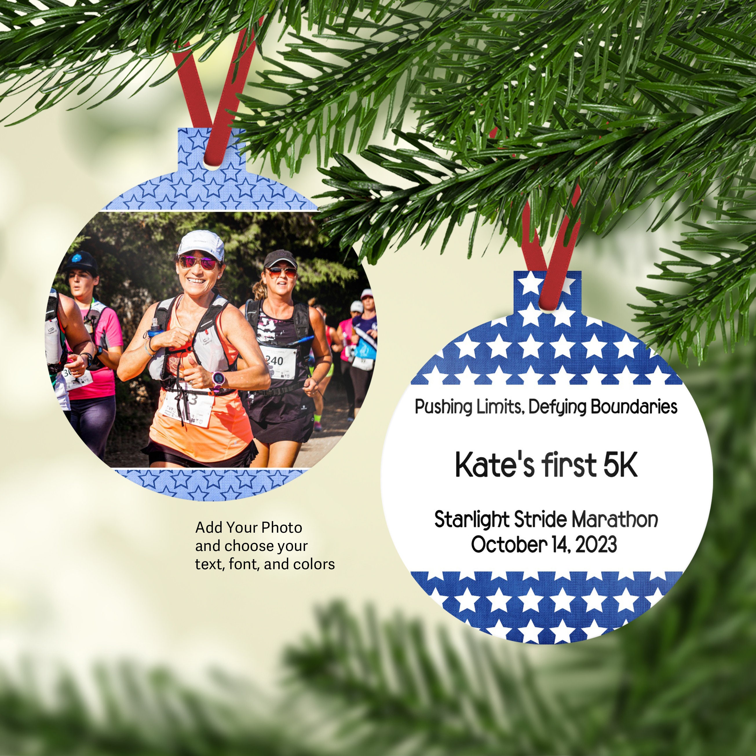 Personalized Marathon Ornament, Runner Photo & Stats, Cross