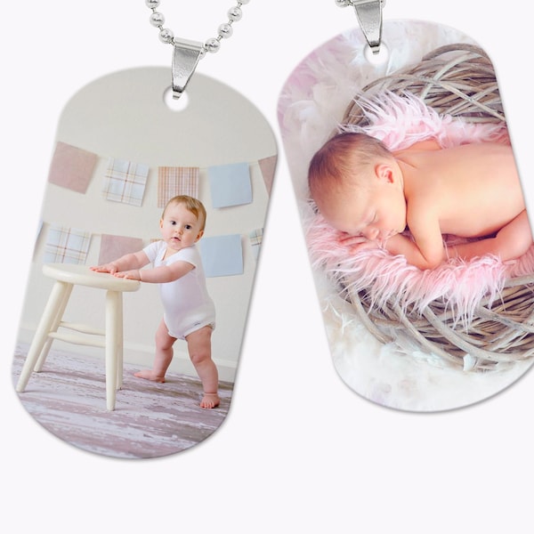 Personalized Photo Dog Tag Necklace, Customizable Pendant, Dual-Sided Print, Includes 30 inch Chain, Unique Gift Idea