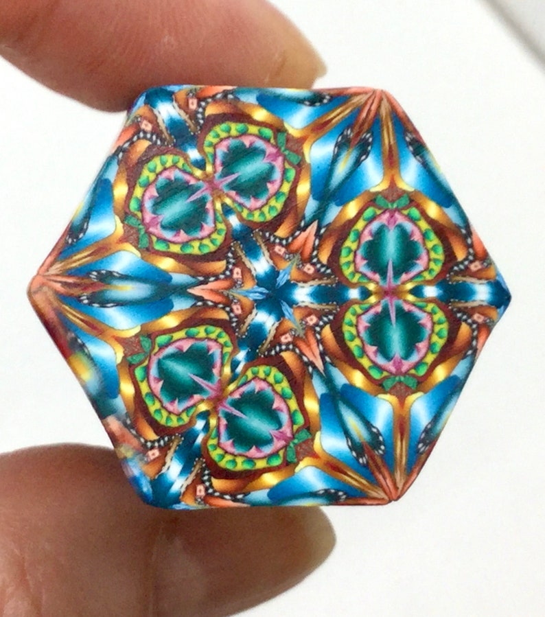 Jewelry Crafts. Medallion Cane BlueGreenCopper Cane Raw Hexagonal Cane Polymer Clay Hexagonal Kaleidoscope Cane Murrini Cane