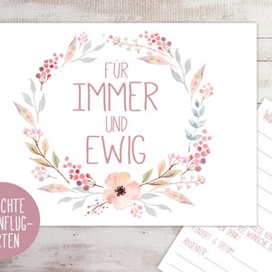 Ballonflugkarten, Hochzeit, Blumen, Blumenmotiv, Rosa Blumen, Blumenkranz, Flower
