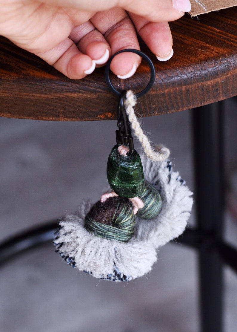Sea Glass Tassel Pom Pom Keychain Green Bead Embellished Keychain