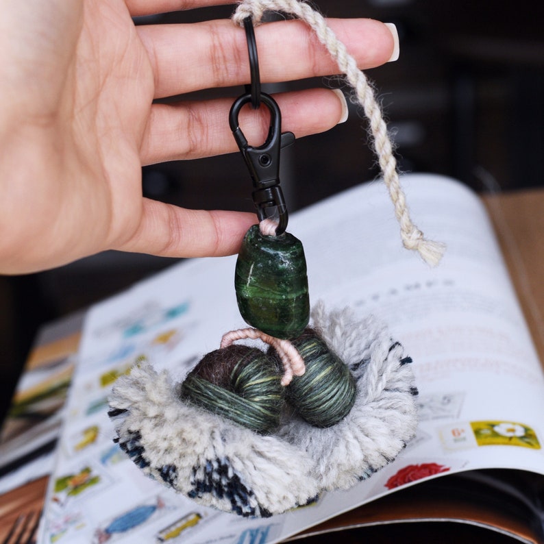 Sea Glass Tassel Pom Pom Keychain Green Bead Embellished Keychain