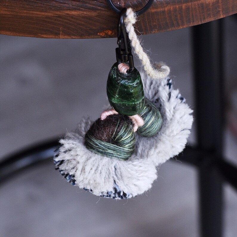 Sea Glass Tassel Pom Pom Keychain Green Bead Embellished Keychain