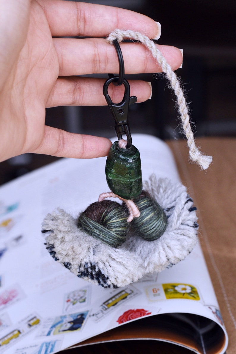 Sea Glass Tassel Pom Pom Keychain Green Bead Embellished Keychain