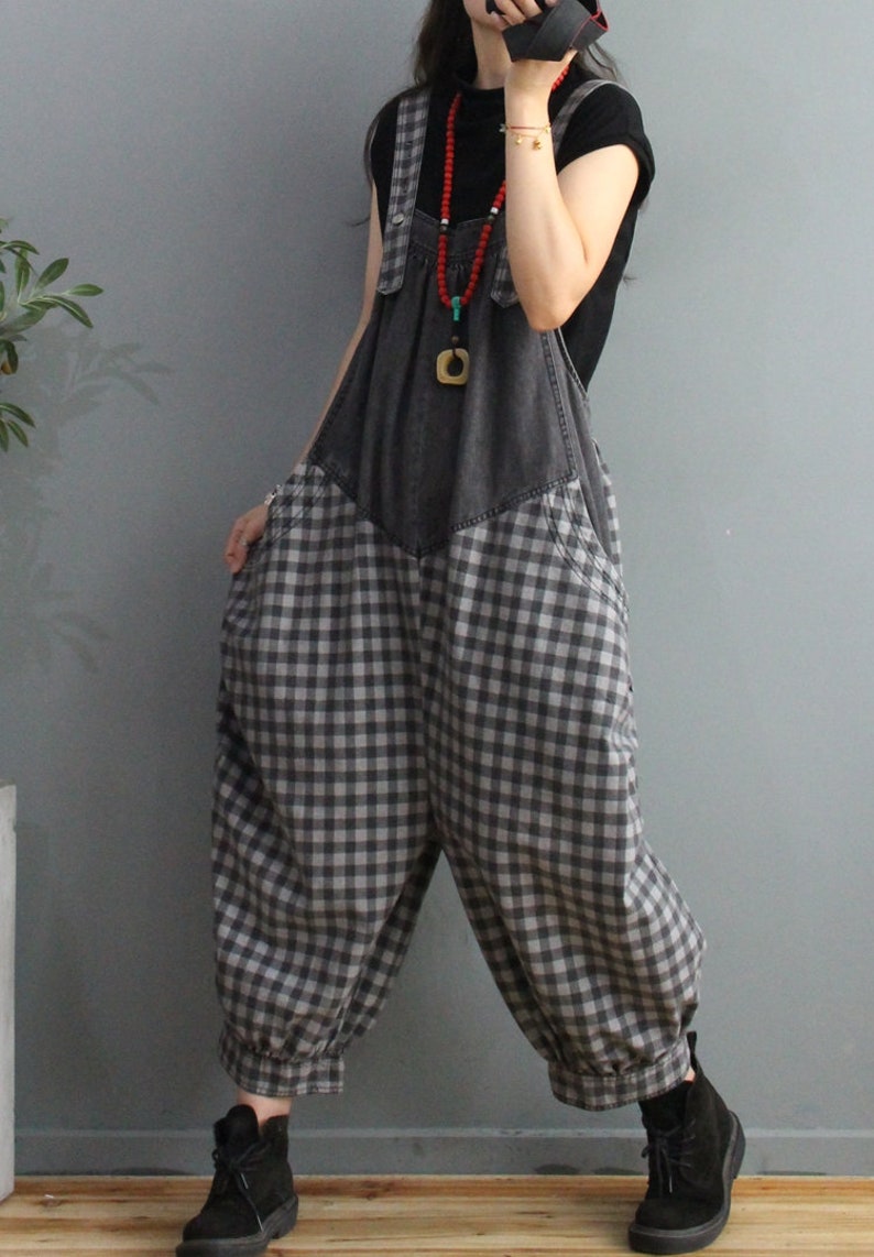 Womens Loose Fitting Plaid Patchwork Denim Cotton Overalls - Etsy