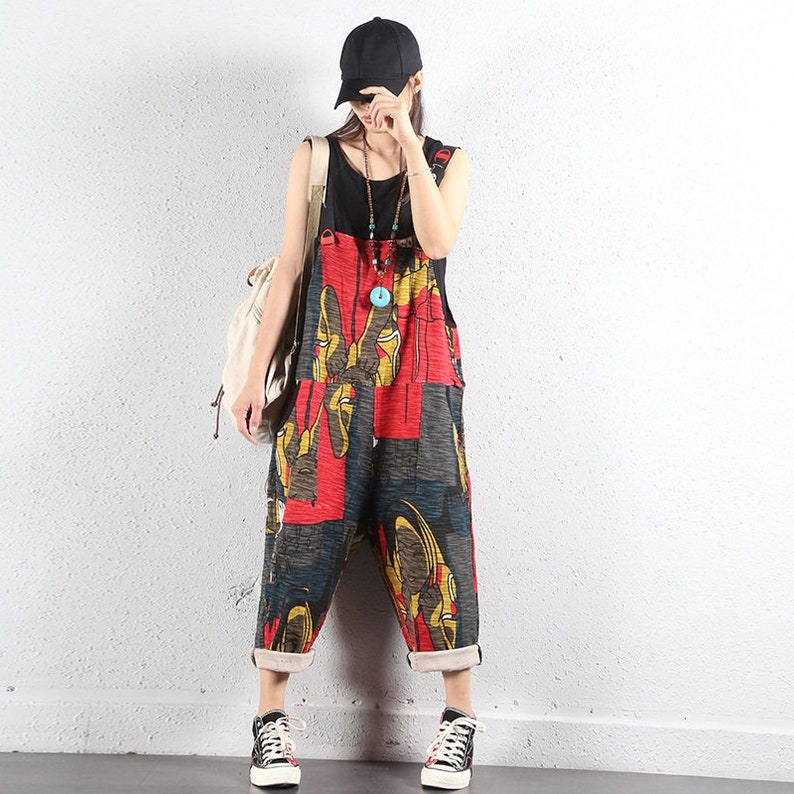Womens Loose Fitting Printed Floral Overalls With Pockets Casual Overalls Loose Pants Harem Pants Summer Pants Overalls For Women