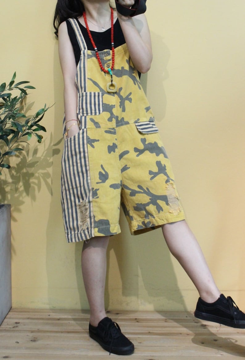 Womens Summer Loose Fitting Stripes Patchwork Ripped Jeans Overalls With Pockets Casual Overalls Loose Pants Loose Overalls For Women
