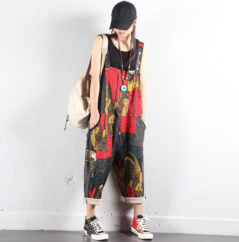Womens Loose Fitting Printed Floral Overalls With Pockets Casual Overalls Loose Pants Harem Pants Summer Pants Overalls For Women