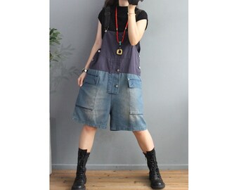 Femmes Loose Fitting Contrast Color Short Denim Cotton Overalls With Pockets / Womans Casual Overalls / Loose Pants / Salopettes pour femmes