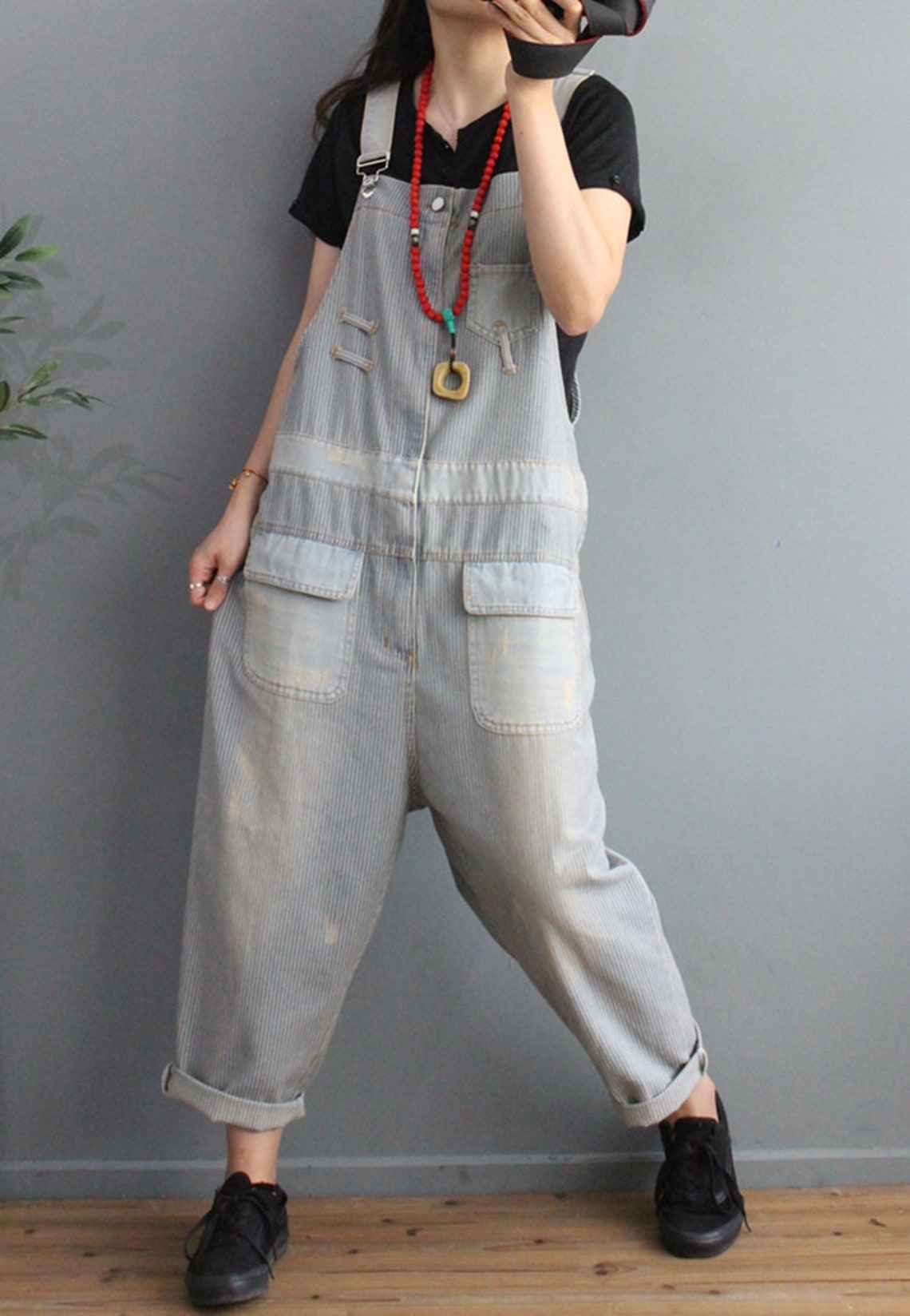 Womens Loose Fitting Casual Stripes Cotton Overalls With Etsy