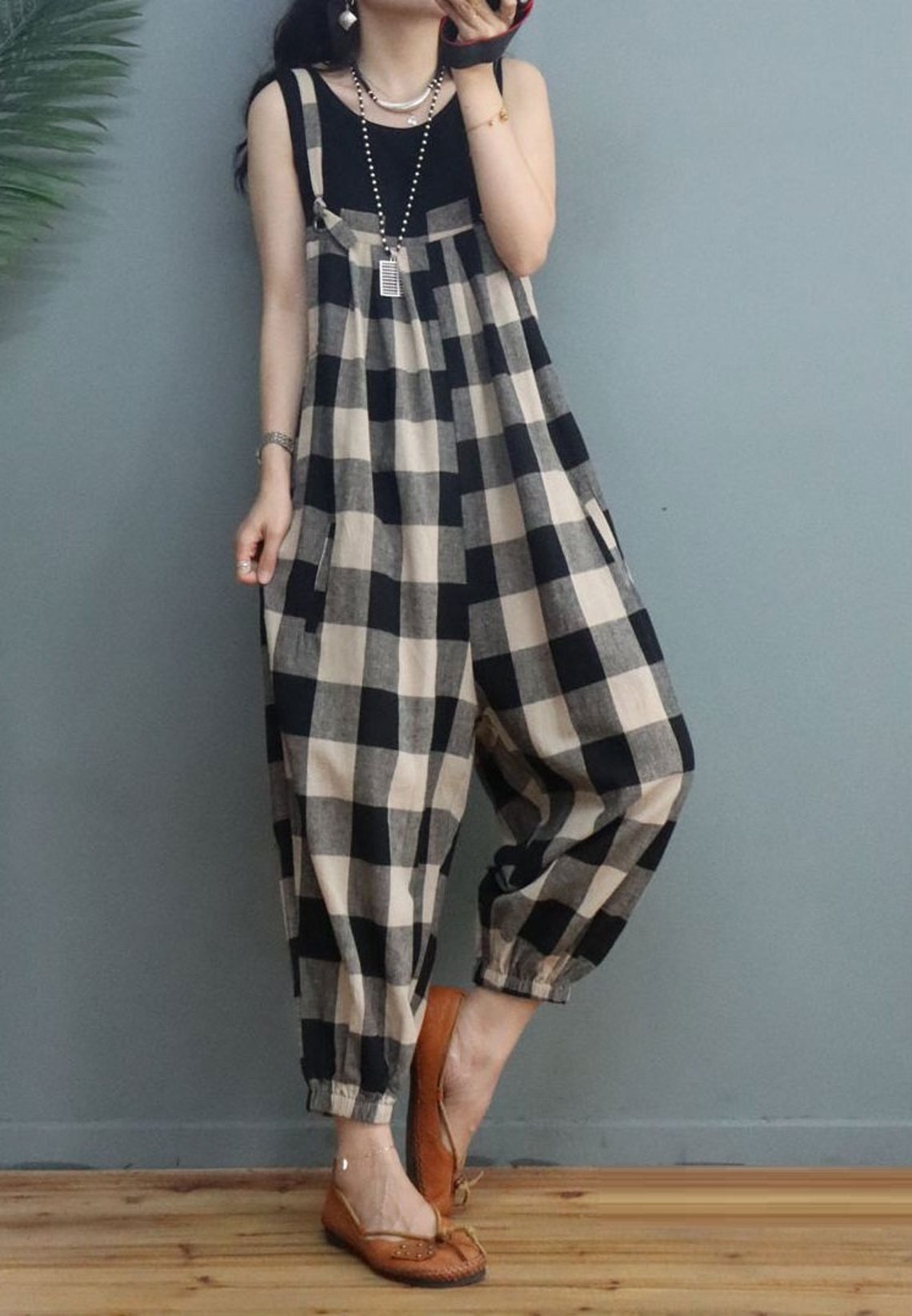 Womens Summer Loose Fitting Plaid Cotton Linen Overalls With Etsy