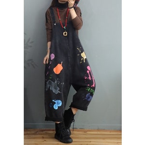 Womens Autumn Loose Fitting Printed Denim Cotton Overalls With Pockets / Woman Casual Overalls / Cotton Overalls / Overalls For Women