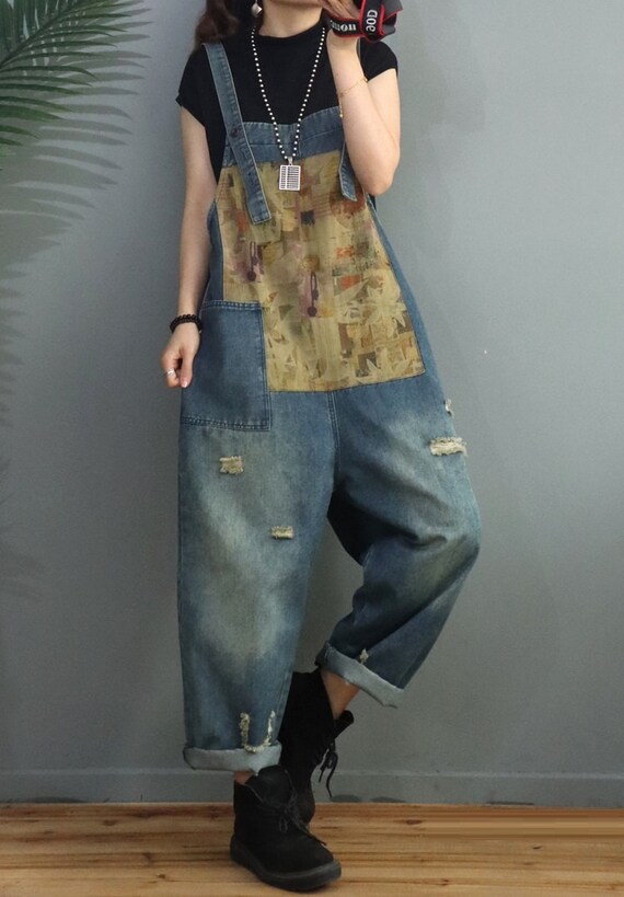 Tuta in jeans strappati applique aderente da donna con tasche | Etsy Italia