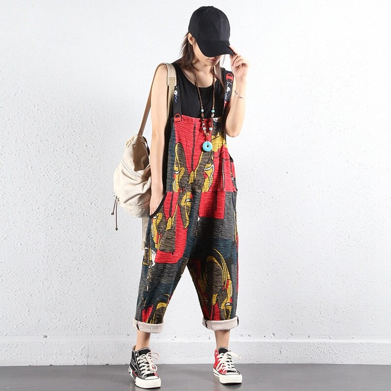 Womens Loose Fitting Printed Floral Overalls With Pockets Casual Overalls Loose Pants Harem Pants Summer Pants Overalls For Women