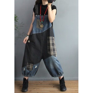 Womens Loose Fitting Casual Contrast Color Jeans Overalls With Pockets / Womans Casual Overalls / Loose Pants / Jeans Overalls For Women