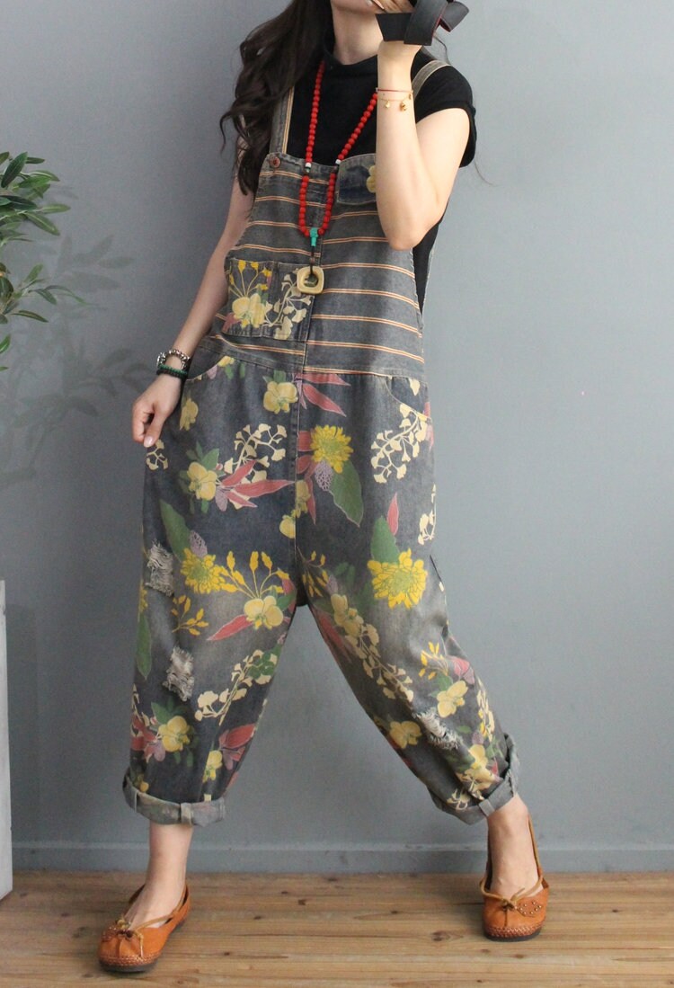 Womens Loose Fitting Printed Floral Denim Cotton Overalls With Etsy