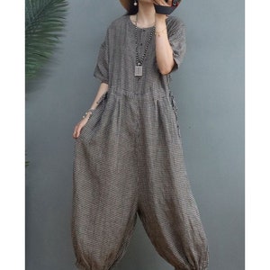 Womens Summer Loose Fitting Plaid Cotton Linen Jumpsuit With Pockets / Casual Jumpsuit / Loose Jumpsuit / Loose Pants / Jumpsuit For Women