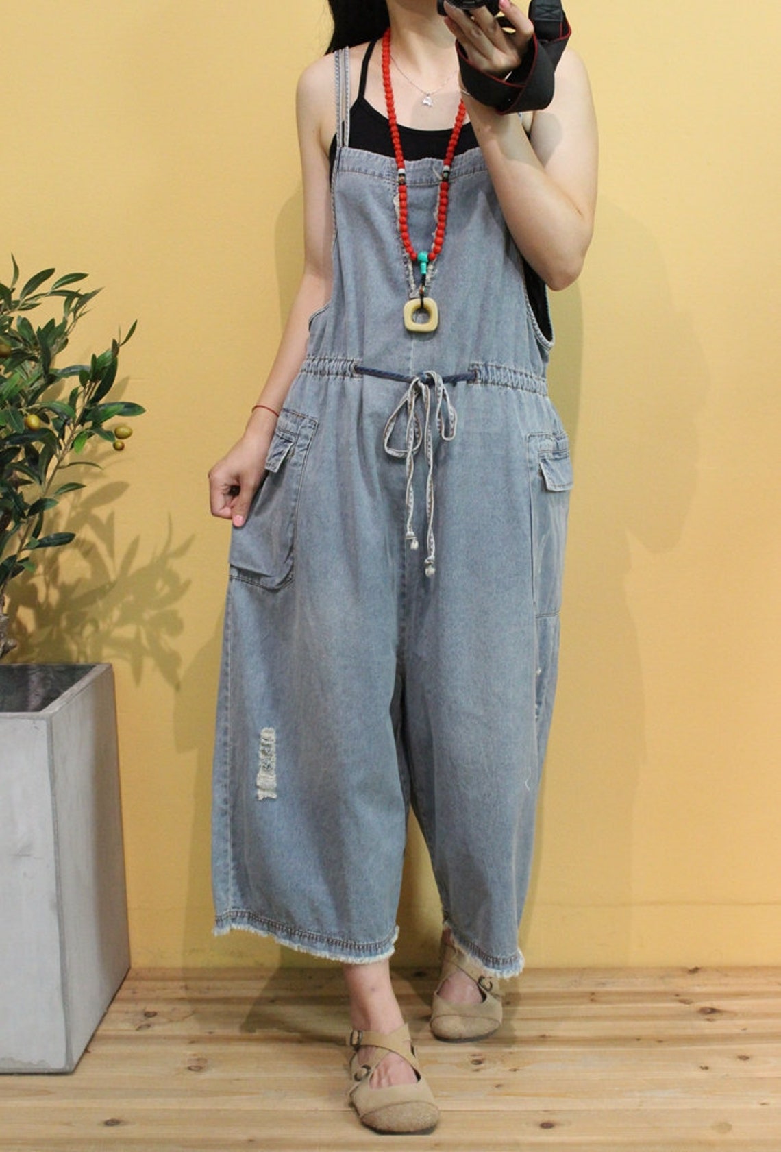 Womens Summer Loose Fitting Casual Frenulum Ripped Overalls Etsy UK