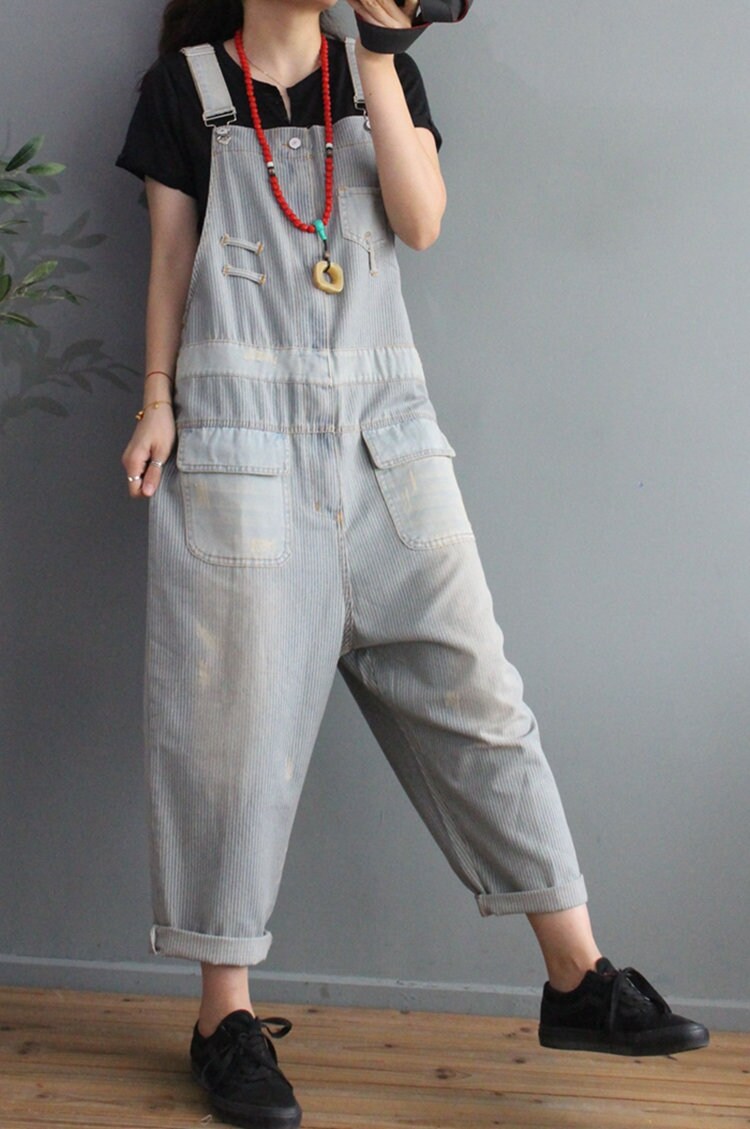 Womens Loose Fitting Casual Stripes Cotton Overalls With Etsy