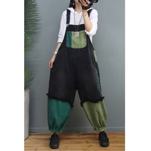 Womens Loose Fitting Contrast Color Patchwork Denim Cotton Overalls With Pockets / Casual Overalls / Loose Pants / Loose Overalls For Women