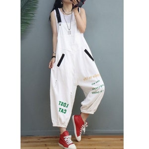 Womans Summer Fashion Loose Fitting Embroidery Ripped Cotton Overalls With Pockets / Casual Overalls / Loose Overalls / Overalls For Women