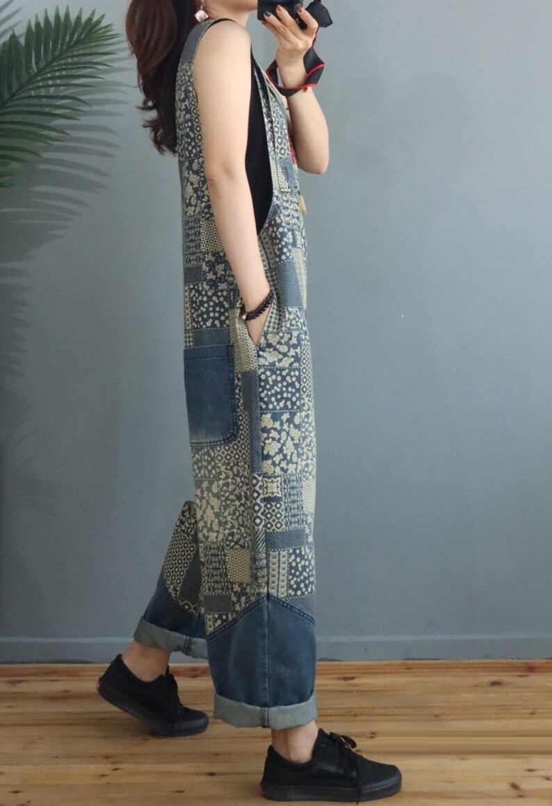 Womens Loose Fitting Printed Floral V Neck Cotton Jumpsuit Overalls With Pockets Casual Jumpsuit Casual Overalls Overalls For Women