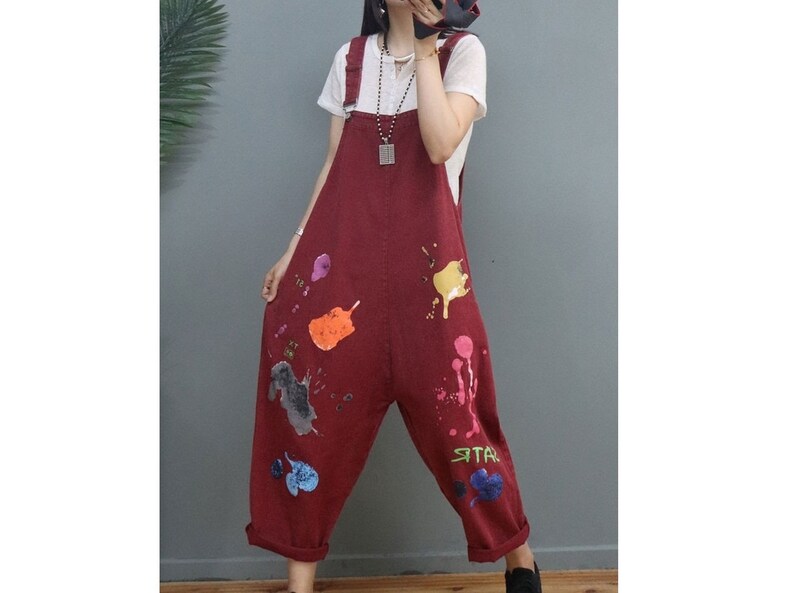 Womens Summer Fashion Loose Fitting Printed Denim Cotton popular Overalls With Pockets / Womans Casual Overalls / Loose Overalls /Overalls For Women