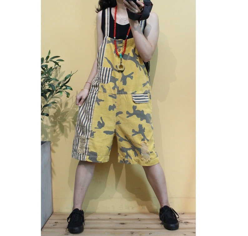 Womens Summer Loose Fitting Stripes Patchwork Ripped Jeans Overalls With Pockets Casual Overalls Loose Pants Loose Overalls For Women