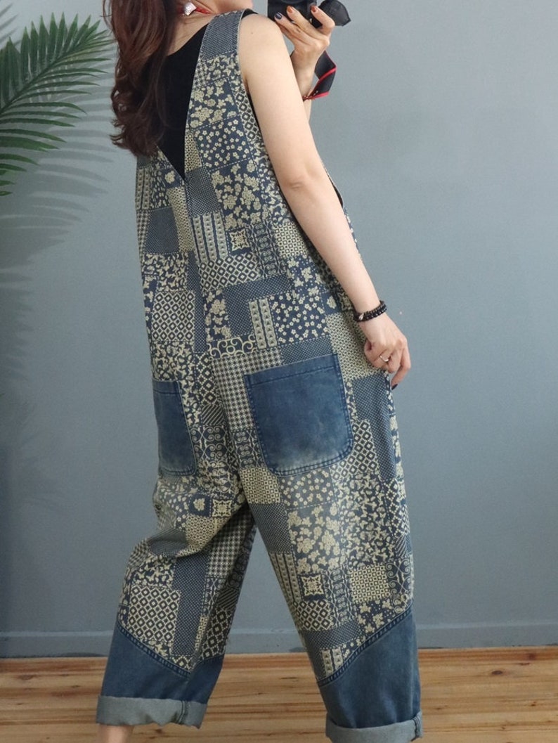 Womens Loose Fitting Printed Floral V Neck Cotton Jumpsuit Overalls With Pockets Casual Jumpsuit Casual Overalls Overalls For Women