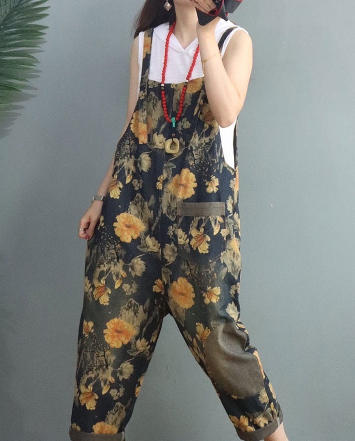 Womens Retro Loose Fitting Printed Floral Cotton Overalls With Etsy