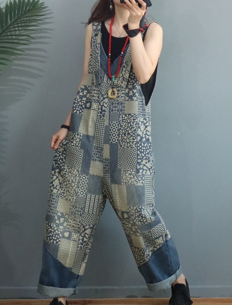 Womens Loose Fitting Printed Floral V Neck Cotton Jumpsuit Overalls With Pockets Casual Jumpsuit Casual Overalls Overalls For Women