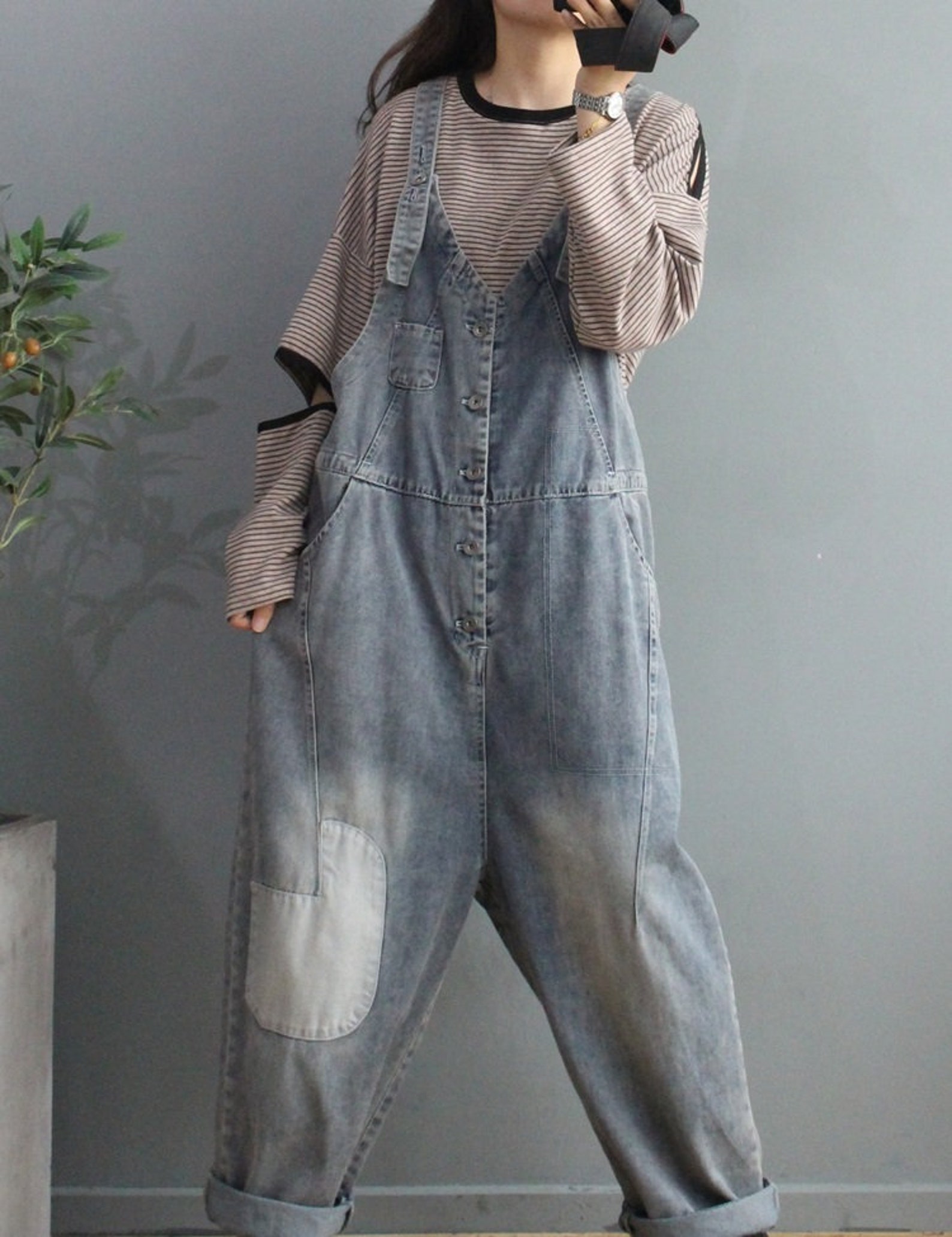 Womens Autumn Loose Fitting V Neck Denim Cotton Overalls With | Etsy