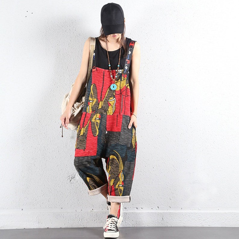 Womens Loose Fitting Printed Floral Overalls With Pockets Casual Overalls Loose Pants Harem Pants Summer Pants Overalls For Women