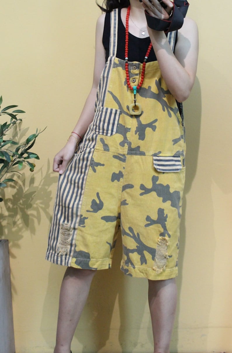 Womens Summer Loose Fitting Stripes Patchwork Ripped Jeans Overalls With Pockets Casual Overalls Loose Pants Loose Overalls For Women