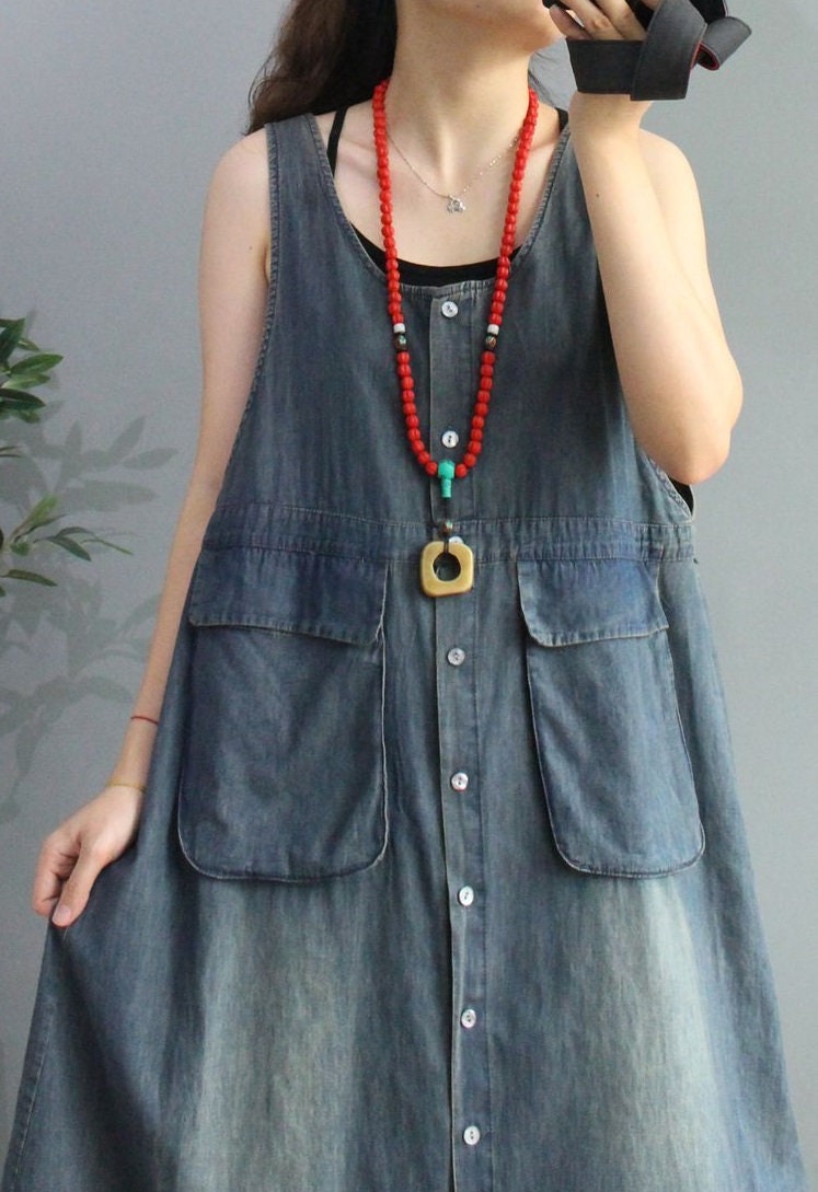 Womens Loose Fitting Sleeveless Denim Cotton Dress With Big - Etsy