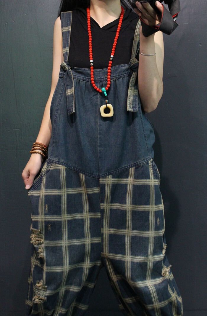 Womens Loose Fitting Retro Plaid Patchwork Denim Overalls With - Etsy