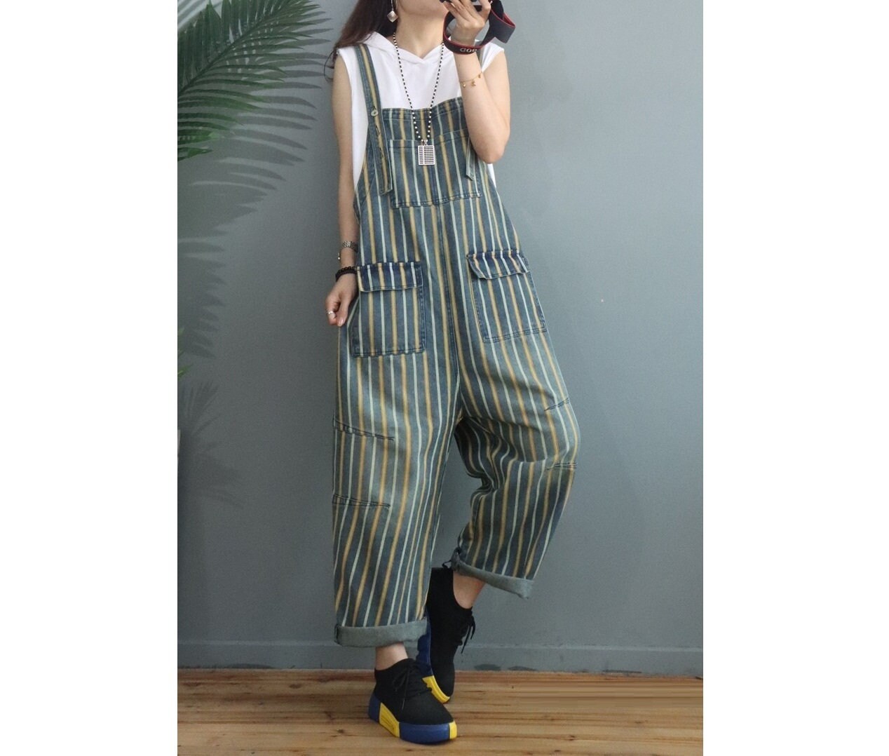 Womens Loose Fitting Stripes Denim Cotton Overalls With Etsy