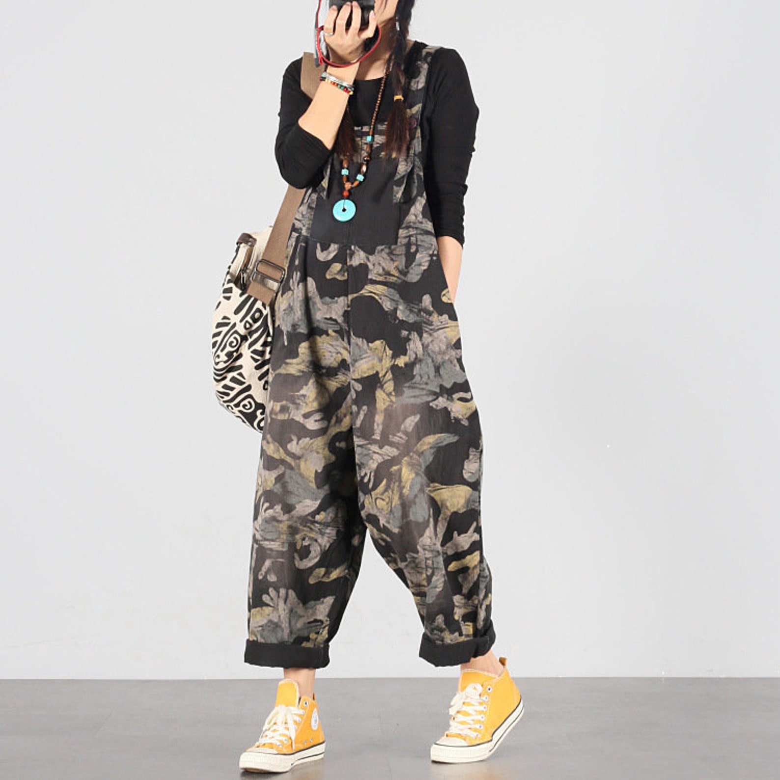 Womens Loose Fitting Camouflage Print Cotton Overalls With Etsy