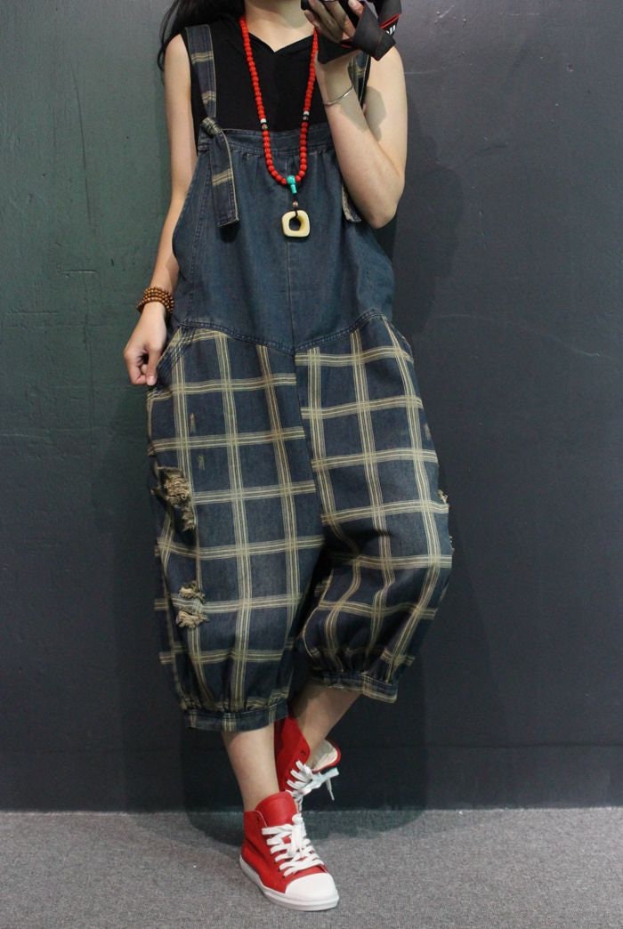 Womens Loose Fitting Retro Plaid Patchwork Denim Overalls With - Etsy