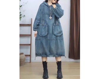 Womens Loose Fitting Hooded Denim Cotton Dress With Big Pockets / Casual Dress / Long Dress / Denim Dress / Jeans Dress / Dress For Women